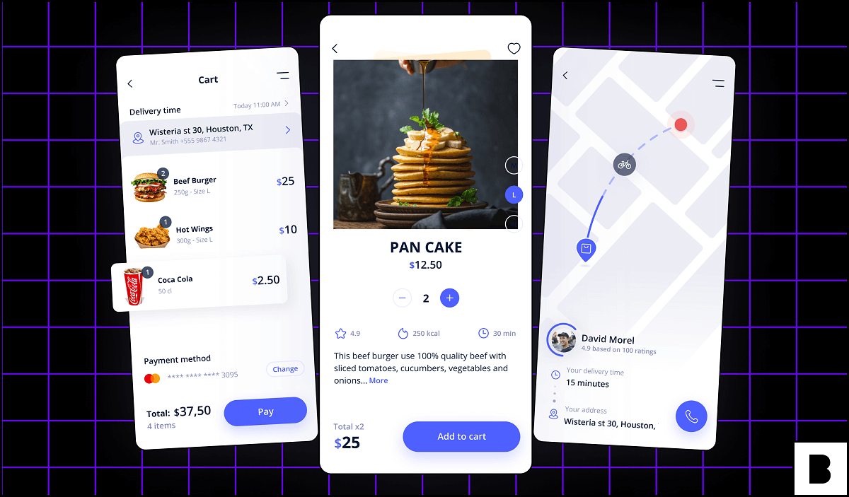 3 restaurant app screens