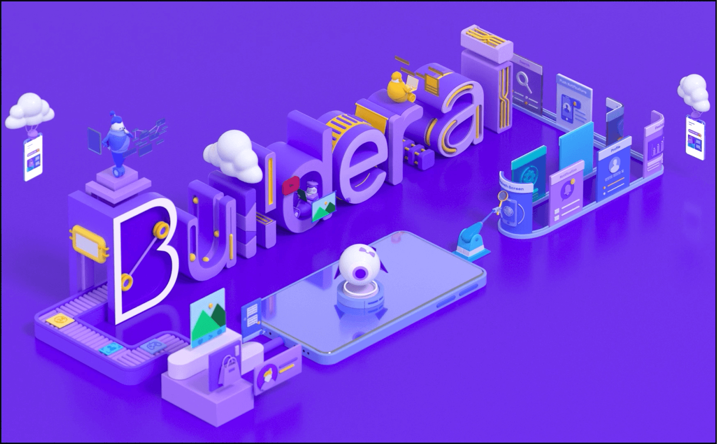 A concept of mobile app development with AI, depicting Builder.ai’s software assembly line