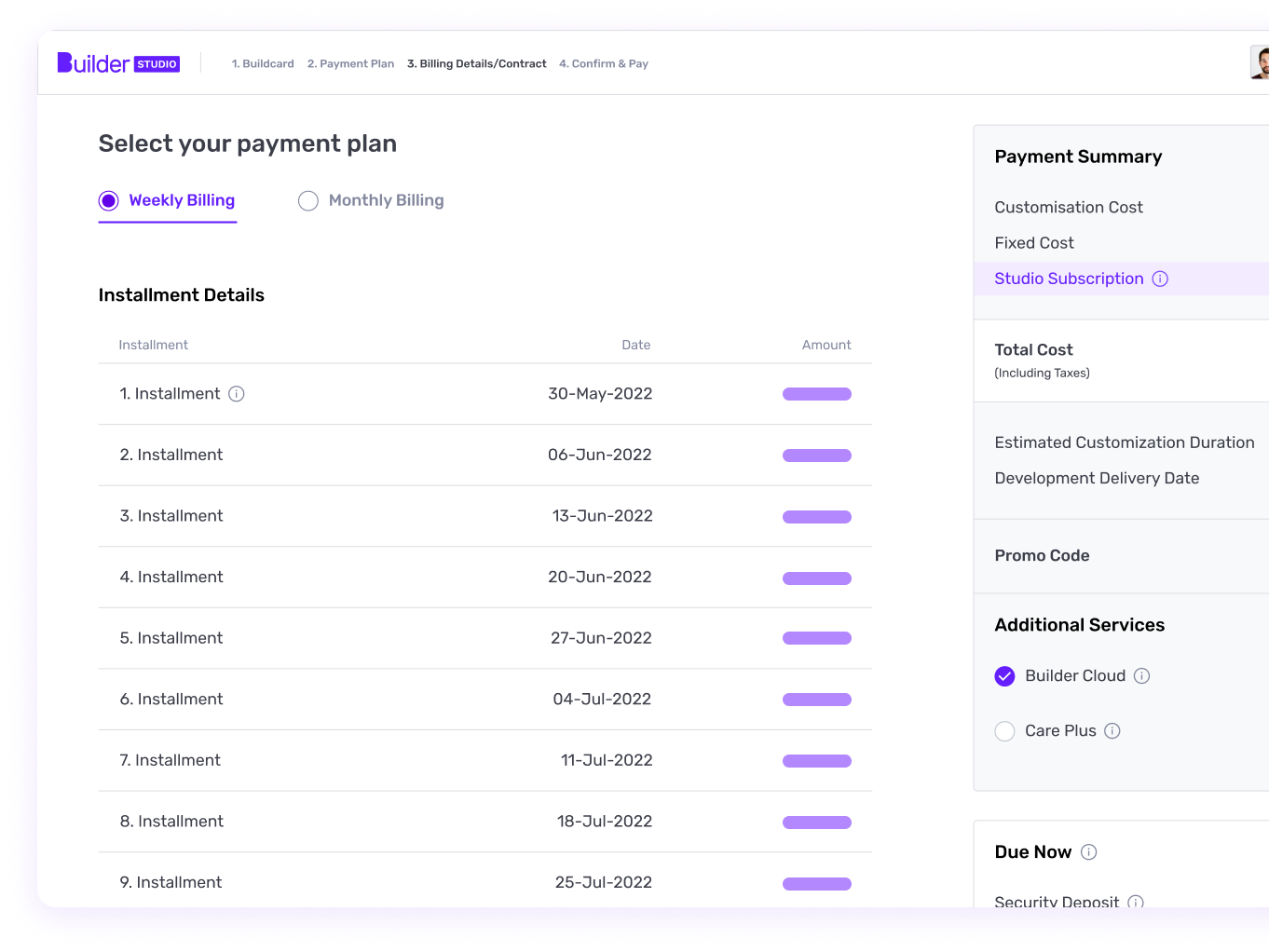 Builder Studio dashboard to select your payment plan