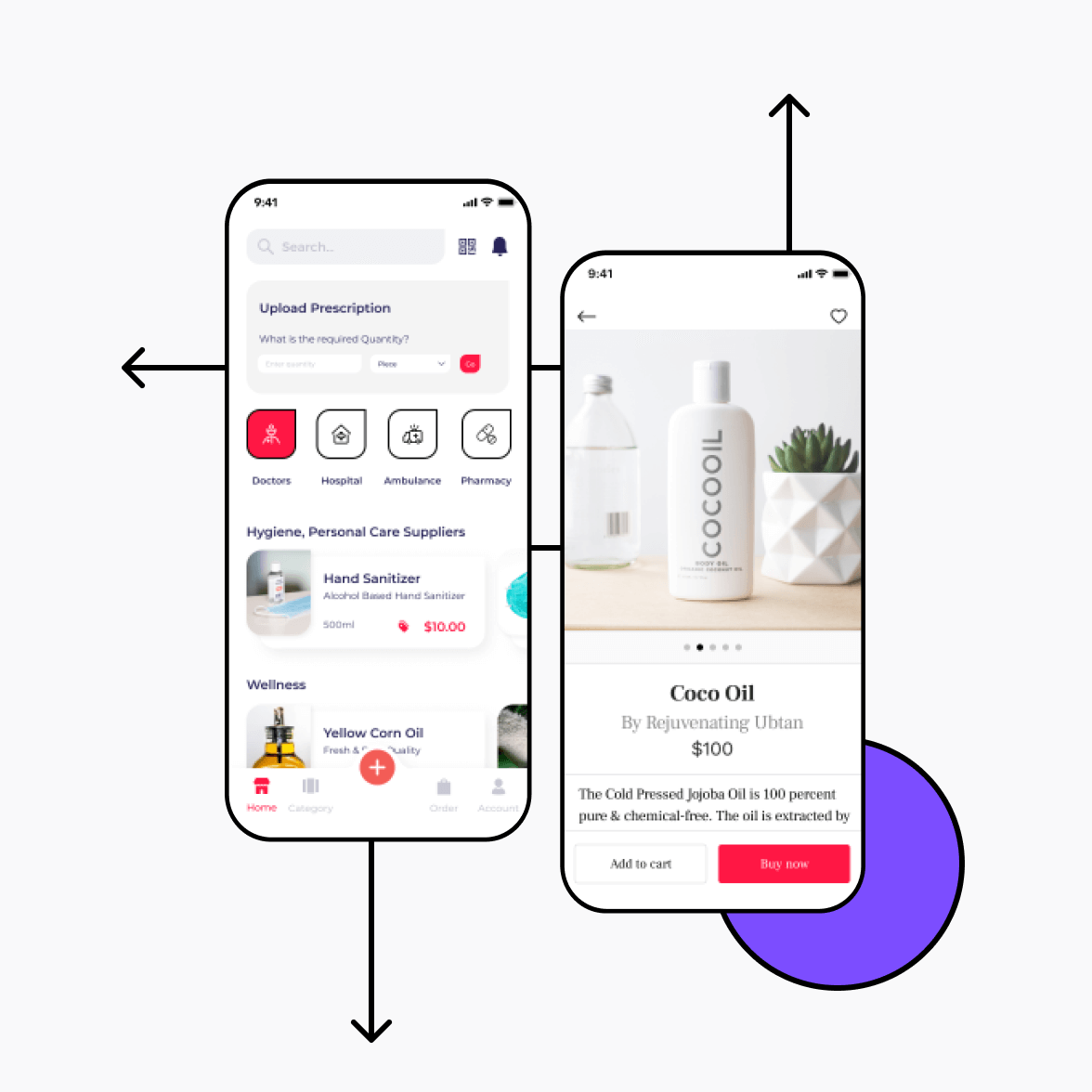 Medicine delivery app screens with product details and listing
