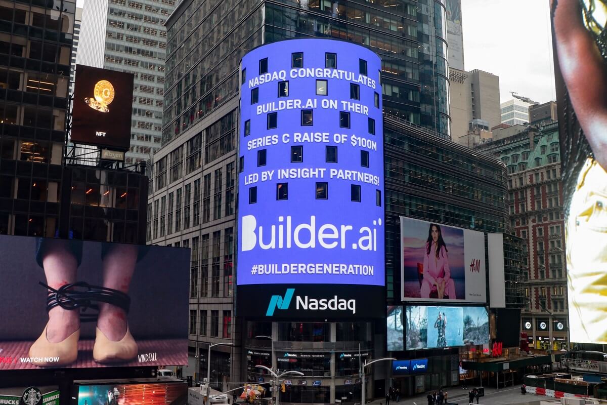 Builder.ai logo on Nasdaq tower, times square