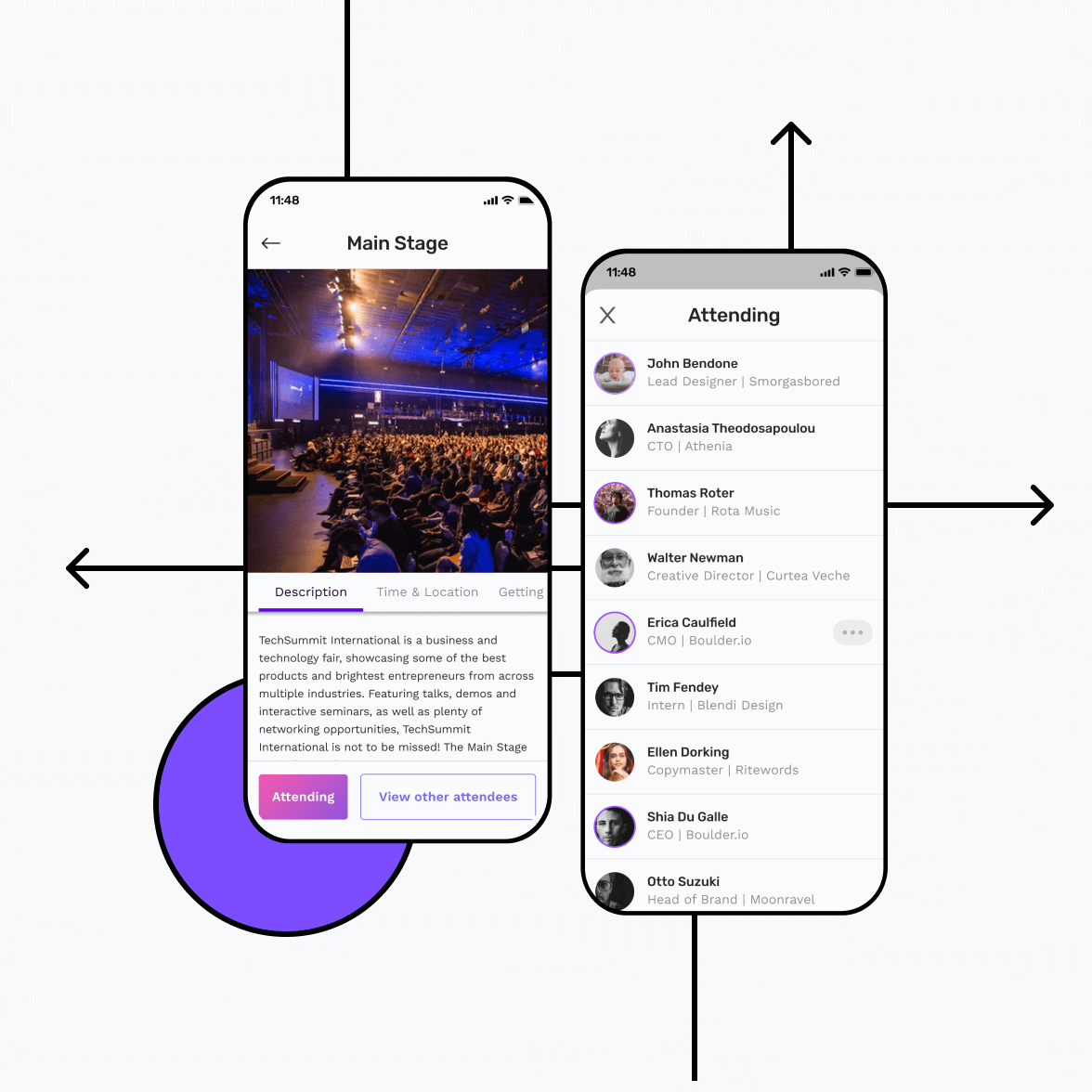 Event app screens with main stage and attendee list
