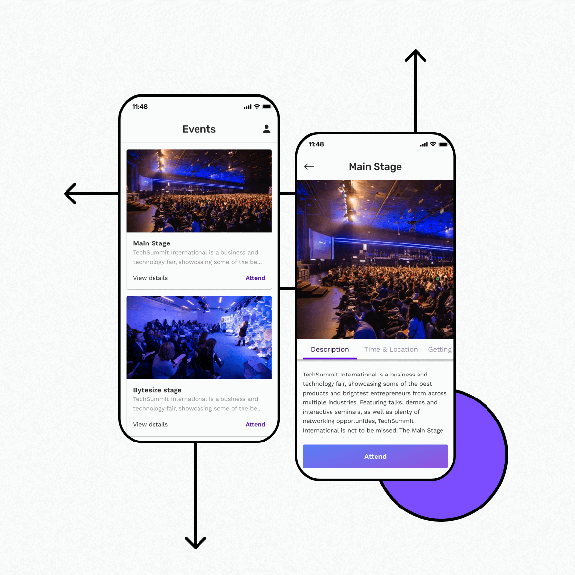 Event app screens with event details