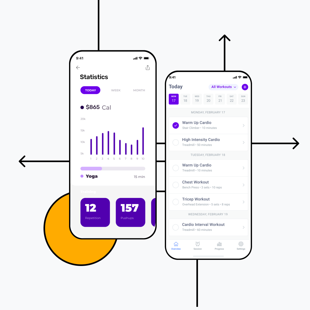Fitness app screens with statistics and schedule
