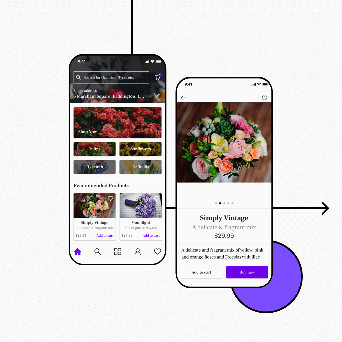 Florist app with home and product screen