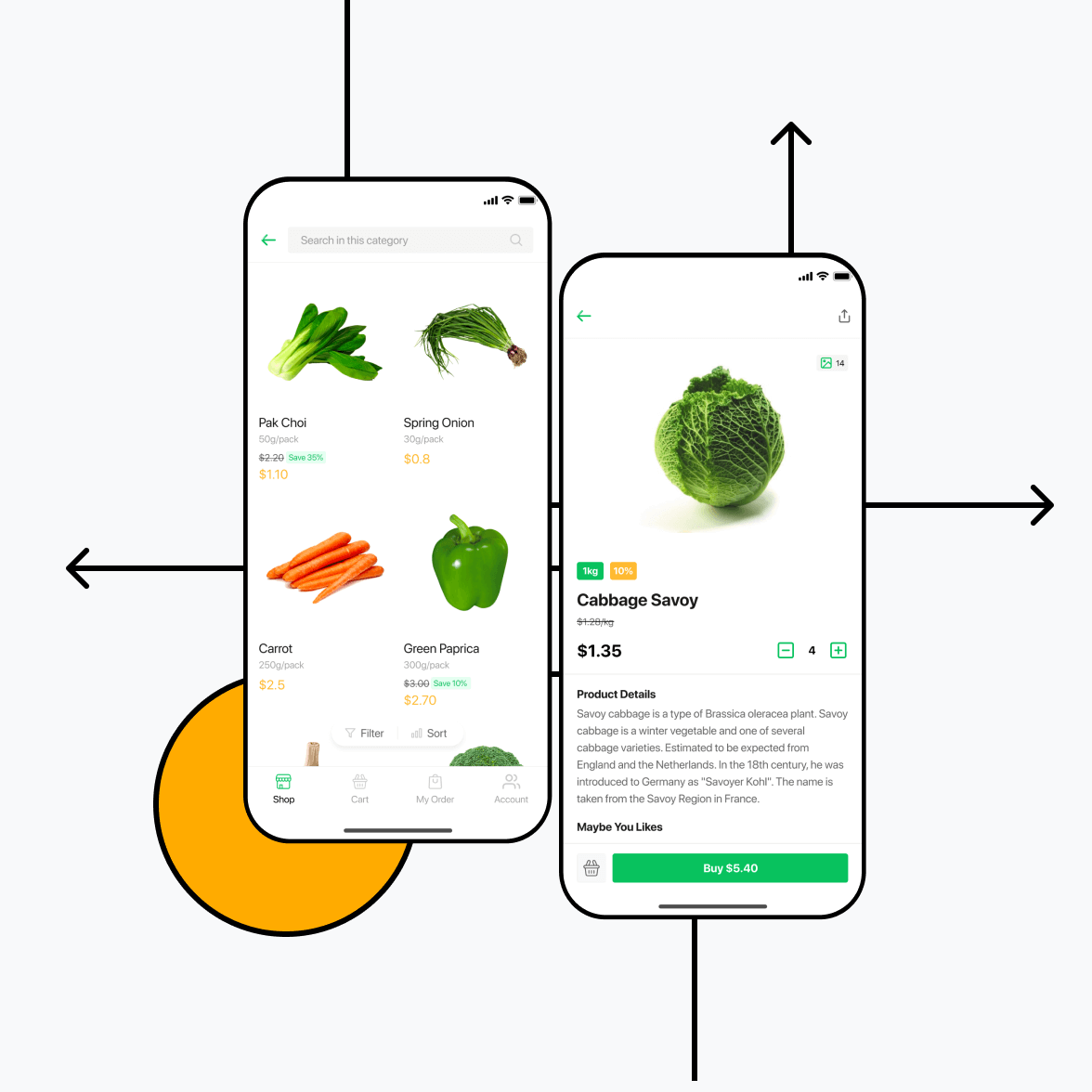 Grocery app for vegetable delivery with products listed