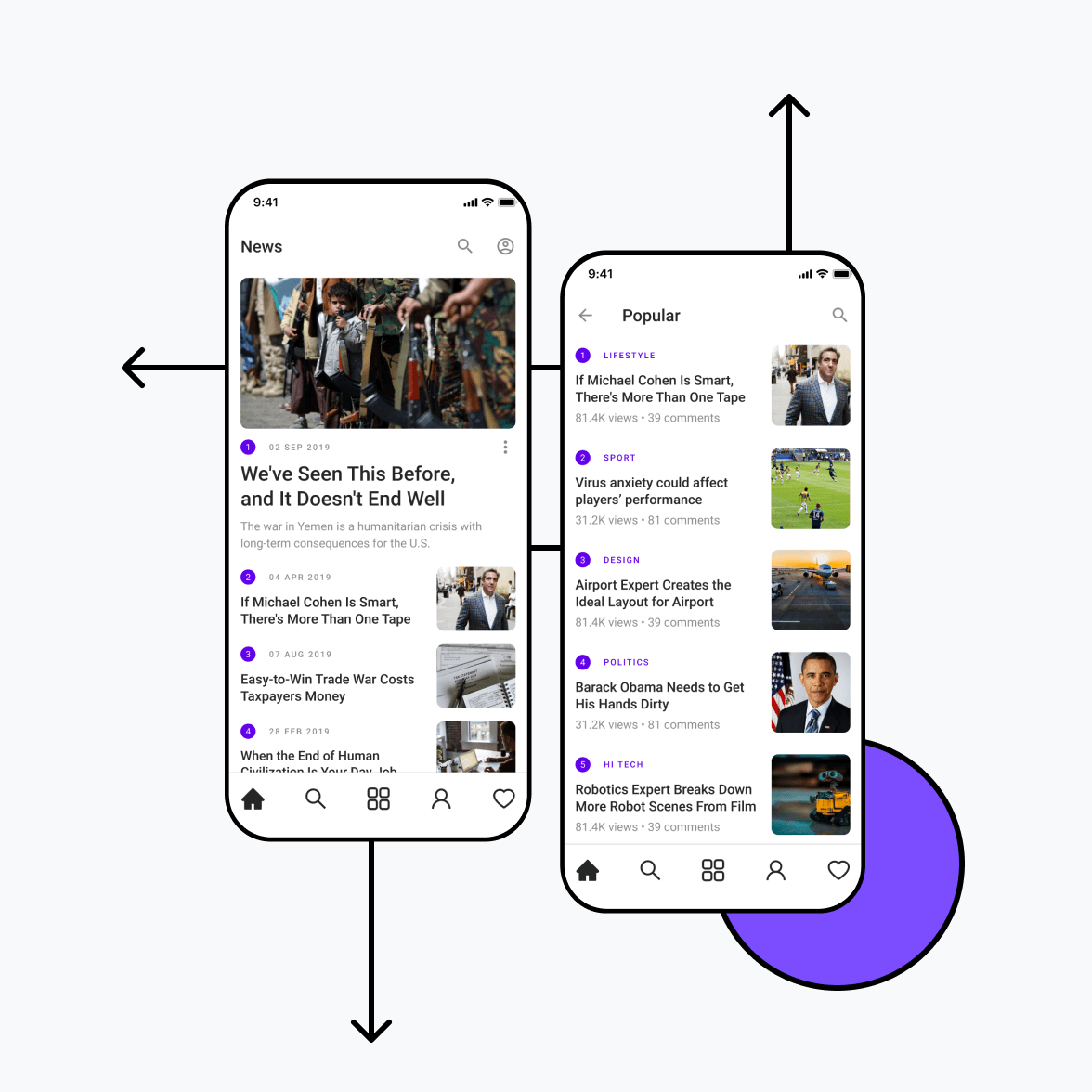 News and media app screens