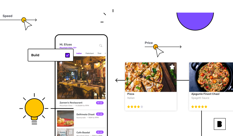 Restaurant app screens with some builder illustration
