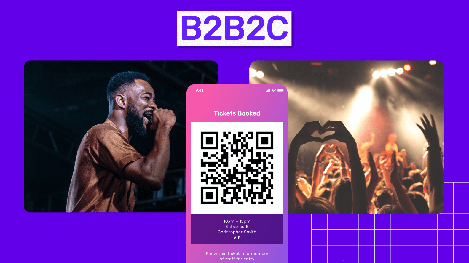 A concept of a B2B2C ecommerce business model depicting a music artist performing in a concert where another image depicts the audience cheering the artist