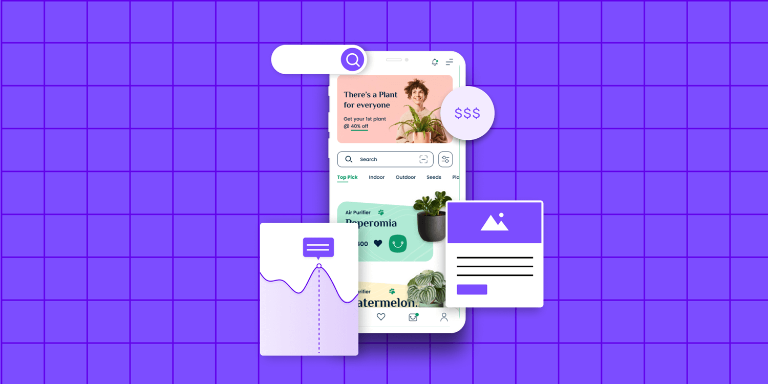 A concept of app competitive analysis depicting an online flower delivery app with a dashboard, image card, a search bar and $ icons