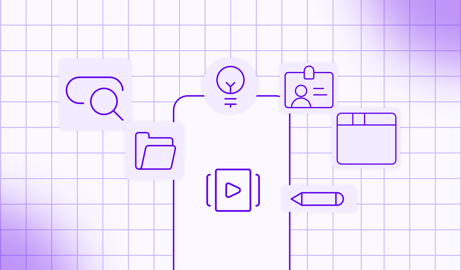 An illustration of mobile app features highlighting search, folder, user card, video, pencil and document icons