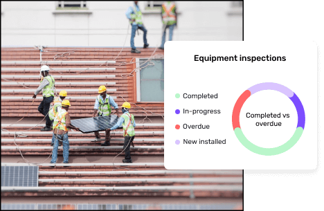 A concept of asset performance management software highlighting a work progress tracker having a solar panel installation team working in the background