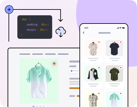 A concept of code ownership depicting ecommerce website and app screen and a code snippet