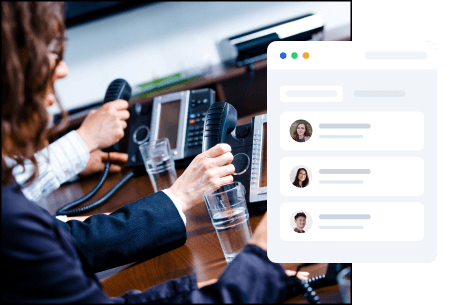 A concept of customer relationship management software for the telecom industry highlighting a dashboard with a customer support team working in the background.
