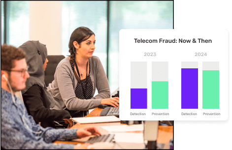 A concept highlighting fraud detection software dashboard with a team working in the background