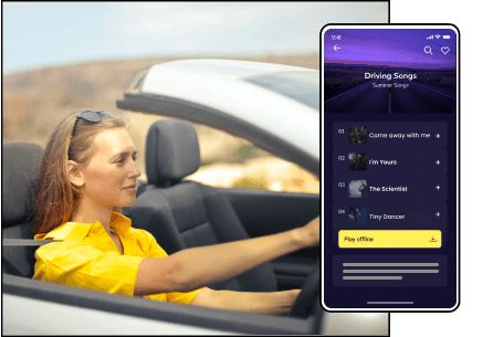 A concept of music streaming app development highlighting a person wearing sunglasses drives a car under a clear sky. The mobile phone screen displays a playlist titled ‘Driving Songs - Summer Songs,’ with songs including ‘Come away with me,’ ‘I’m Yours,’ ‘The Scientist,’ and ‘Tiny Dancer.’ A ‘Play offline’ button is visible at the bottom of the playlist.