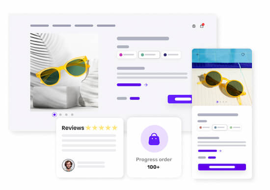 A concept of an online store selling sunglasses depicting customer reviews and product pages