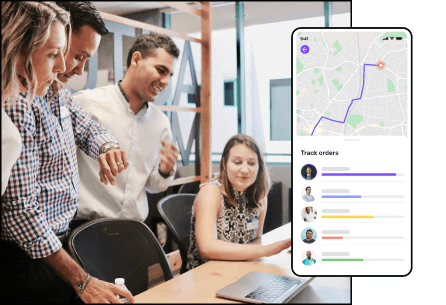 A concept of order management software highlighting an order tracking screen with a team working in the background