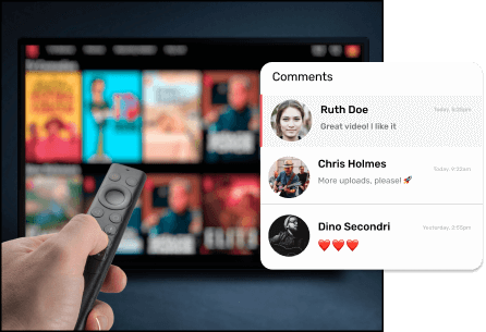 A concept of OTT platform development highlighting a hand holding a black remote control, navigating through a streaming service interface on a TV.