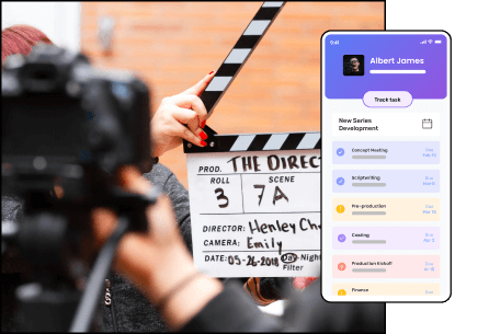 A media production management software concept highlighting a person holding a clapperboard before a camera, preparing to start shooting a scene. The image also highlights a mobile device displaying a task-tracking app.