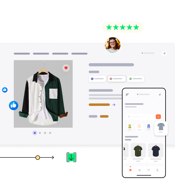 A concept of PWA builder illustrating ecommerce website and an app with customer rating and download icon
