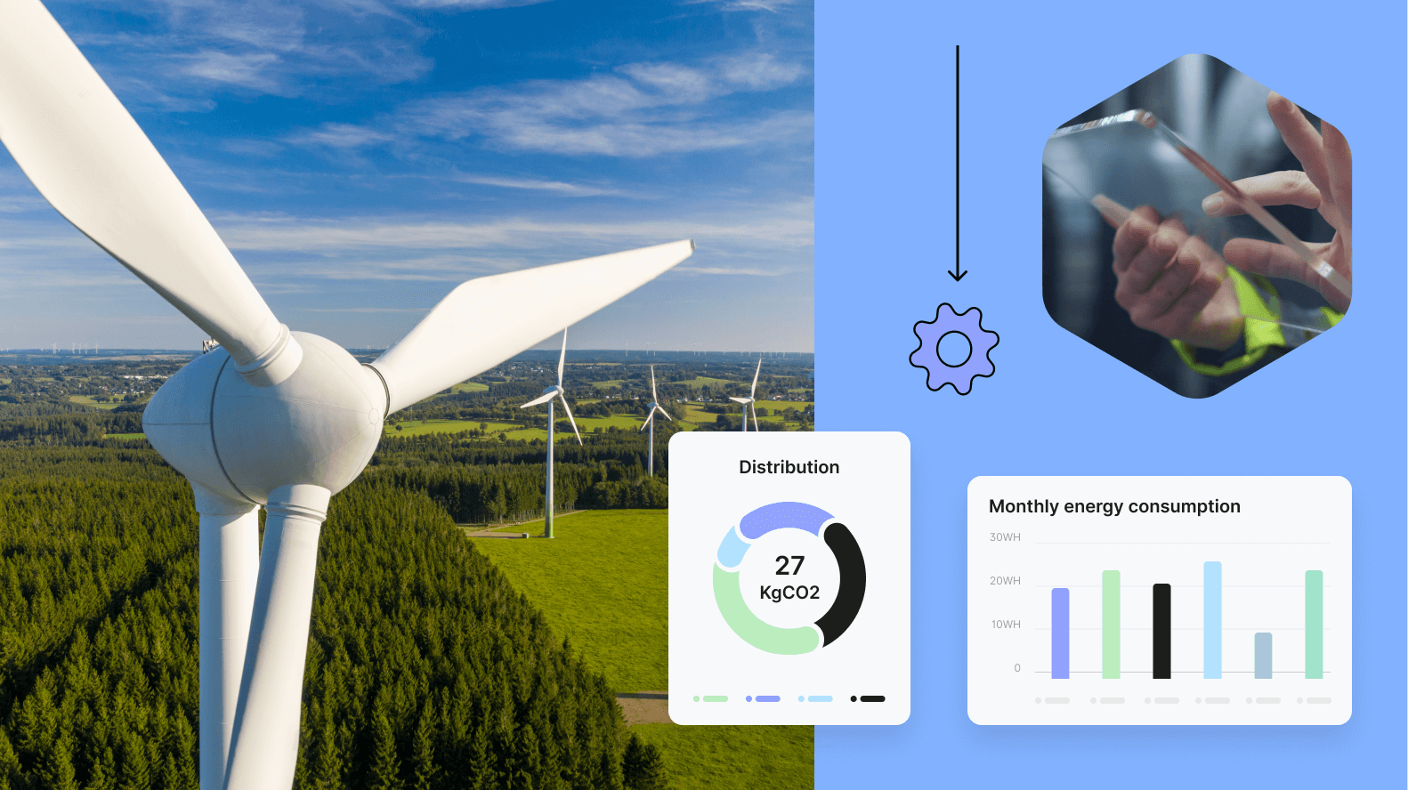 A concept of software solution for energy market depicting a wind turbine, software dashboards and mobile tablet user