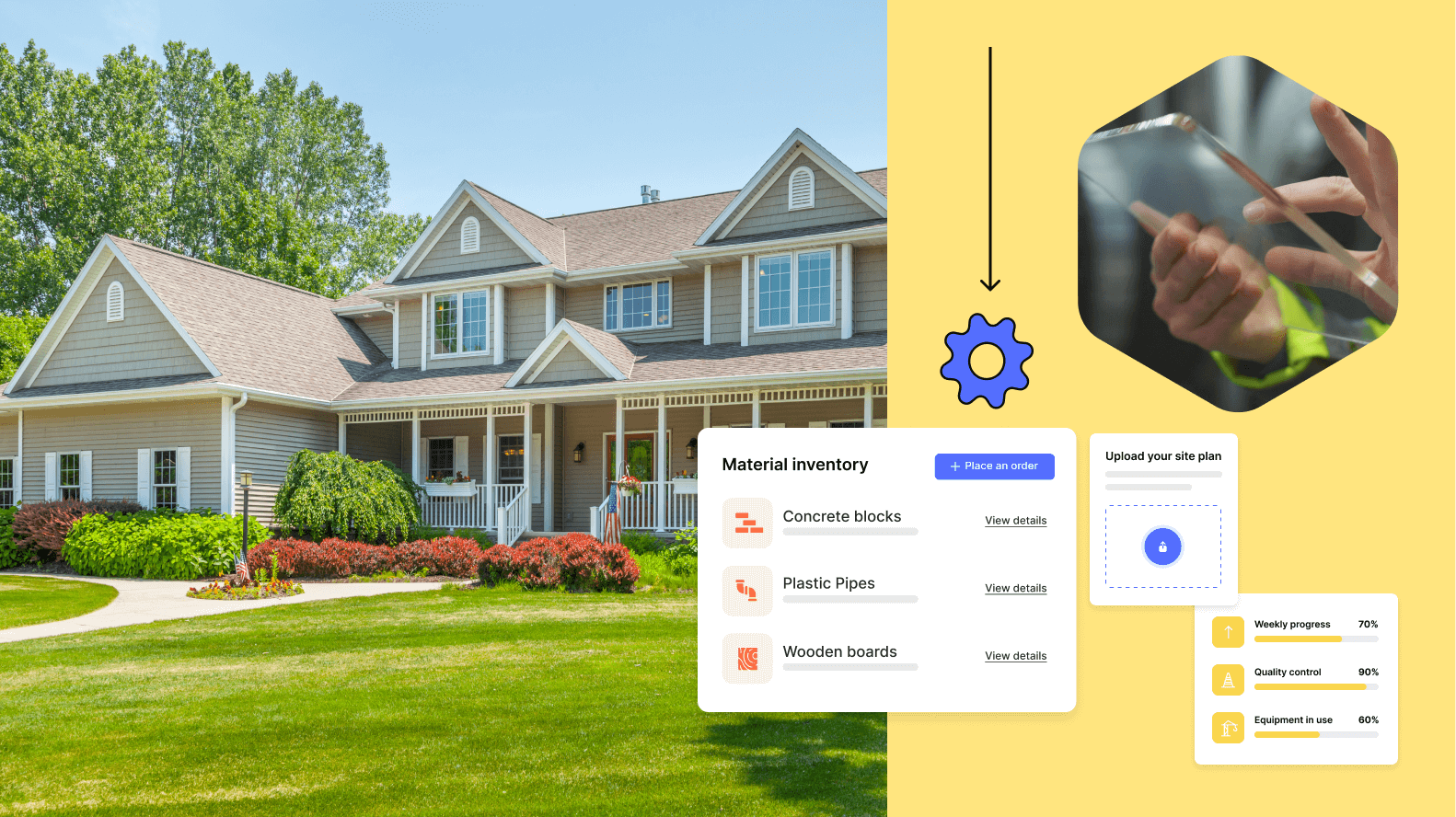 A concept of real estate software solution depicting a home, software dashboard screens and a mobile tablet user