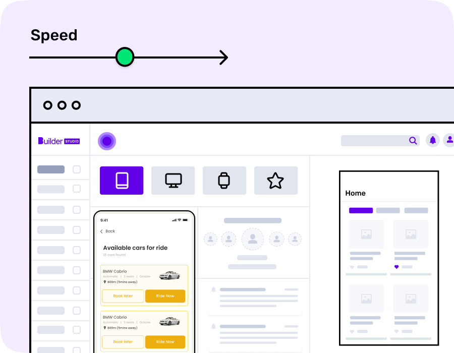 A concept of speedy development for taxi booking app highlighting a taxi app screen on Builder Studio platform 