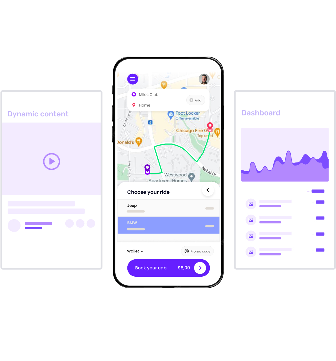 A concept of taxi booking app builder highlighting a taxi app screen 