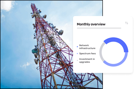 A concept highlighting telecom expense management dashboard with a telecommunication tower in the background