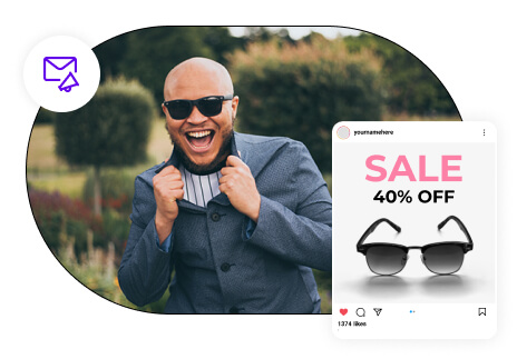 A concept of a happy customer depicting a cheering customer, an email icon and a social media post promoting sunglasses