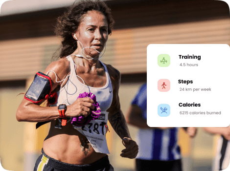 A runner with a fitness tracker data overlay showing training hours, steps, and calories burned.