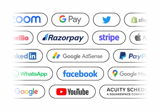 A collage of top technology brand logos like Gpay, Twitter, Stripe, Facebook and Zoom