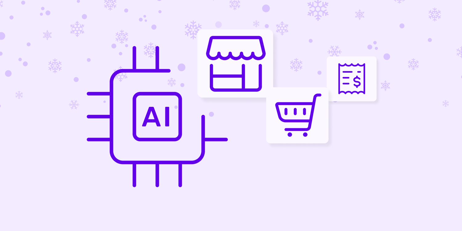 An illustration of AI in the retail industry depicting icons of a bill, cart, shop and AI