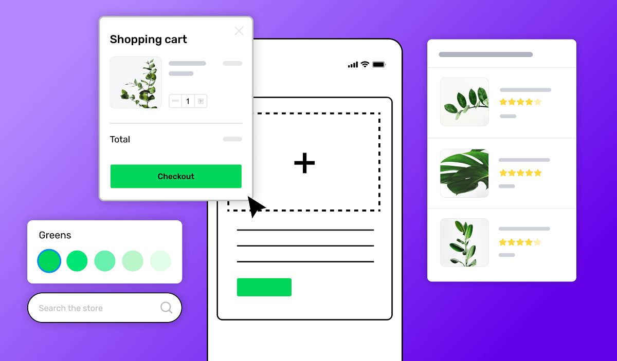 An app creation illustration with an ecommerce app screen and design icons