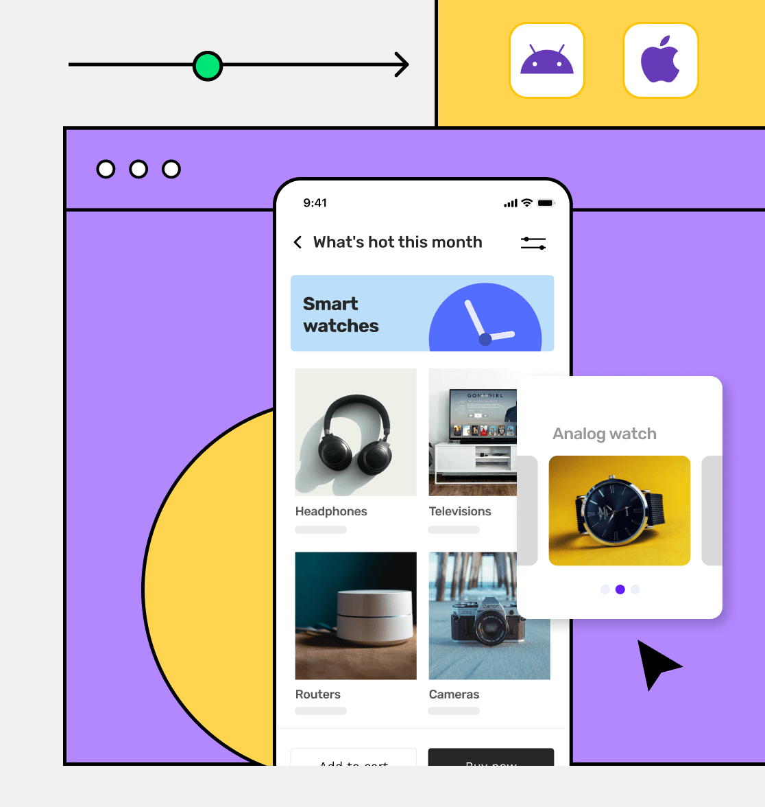 An ecommerce app screen with design illustration