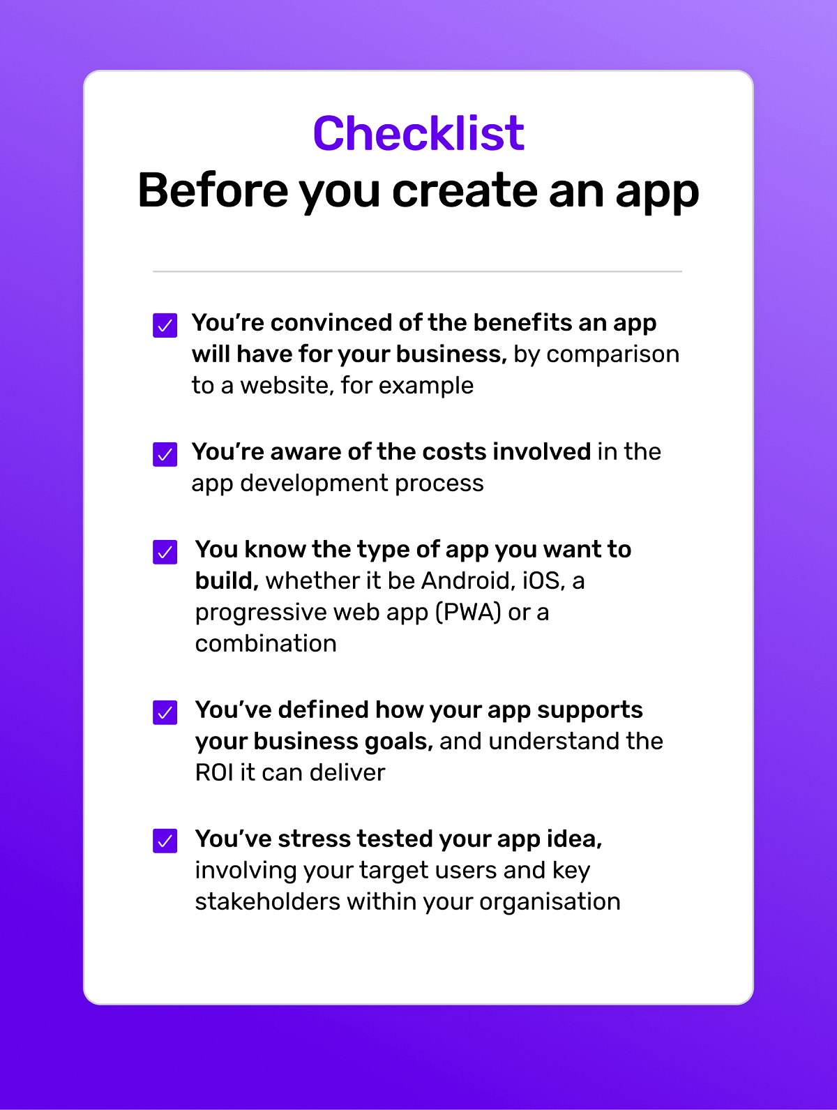 Checklist - before creating an app