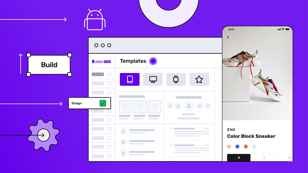  An app creation illustration with templates, design icons and ecommerce app screen