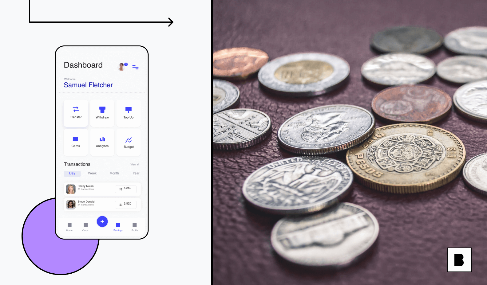 Mobile app dashboard for accounting purpose with coins in side