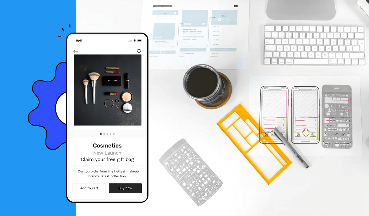 Ecommerce mobile app screen having design illustrations in background