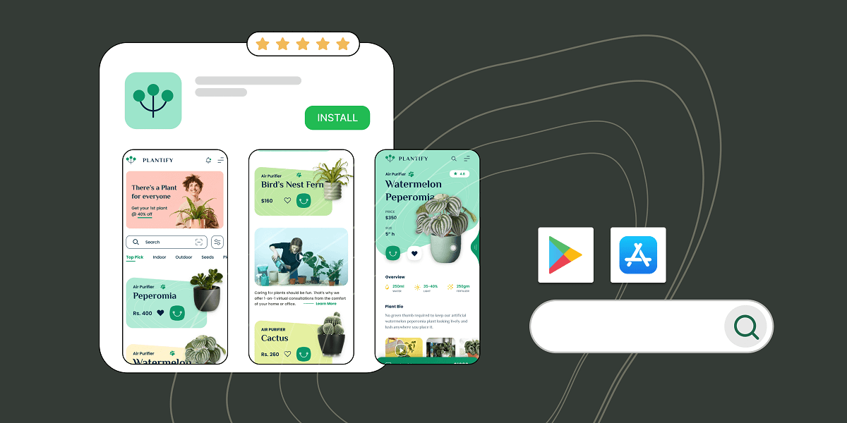 App Store optimisation illustration with some cool app screens and app distribution platforms like Play Store and App Store