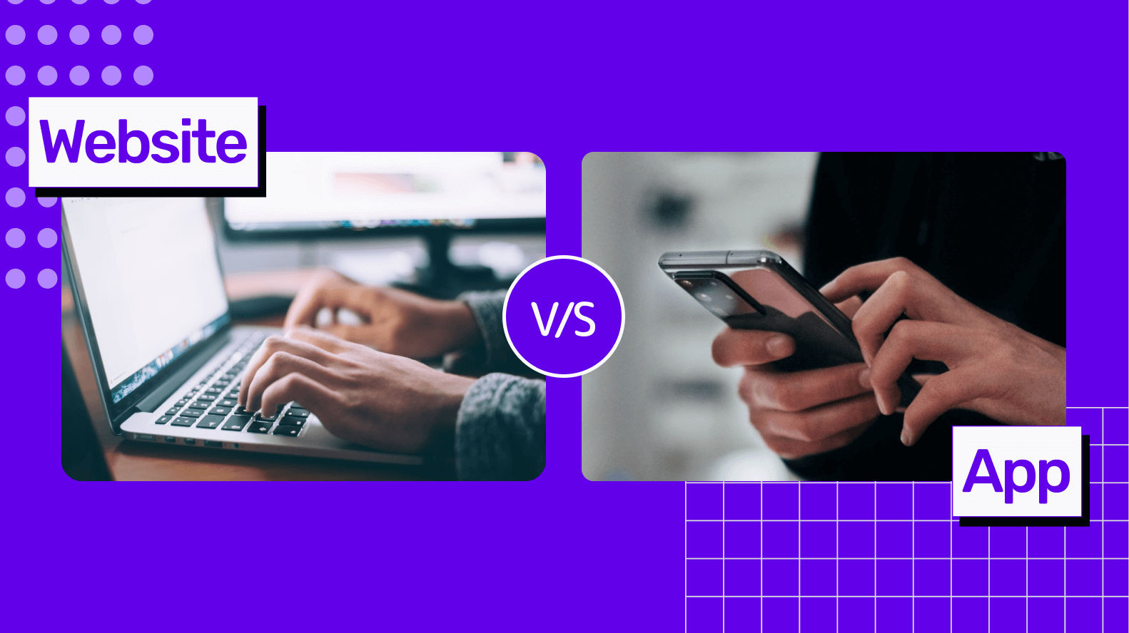 Person types on their laptop in the left image, while person scrolls on their phone in the right image, depicting website vs app.