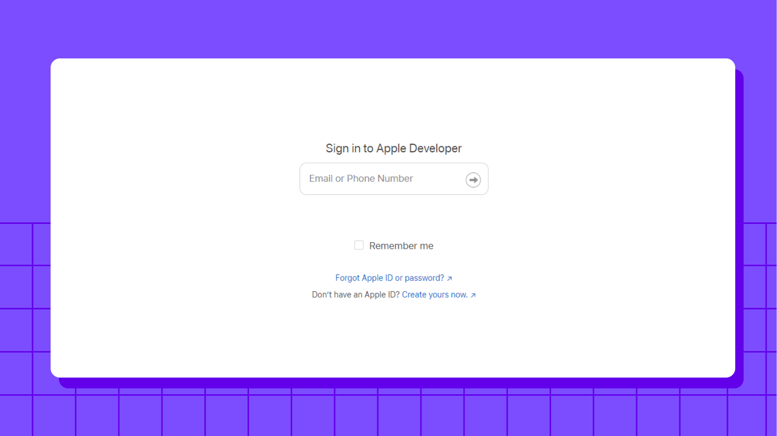Apple developer account sign in screen on Apple’s website 