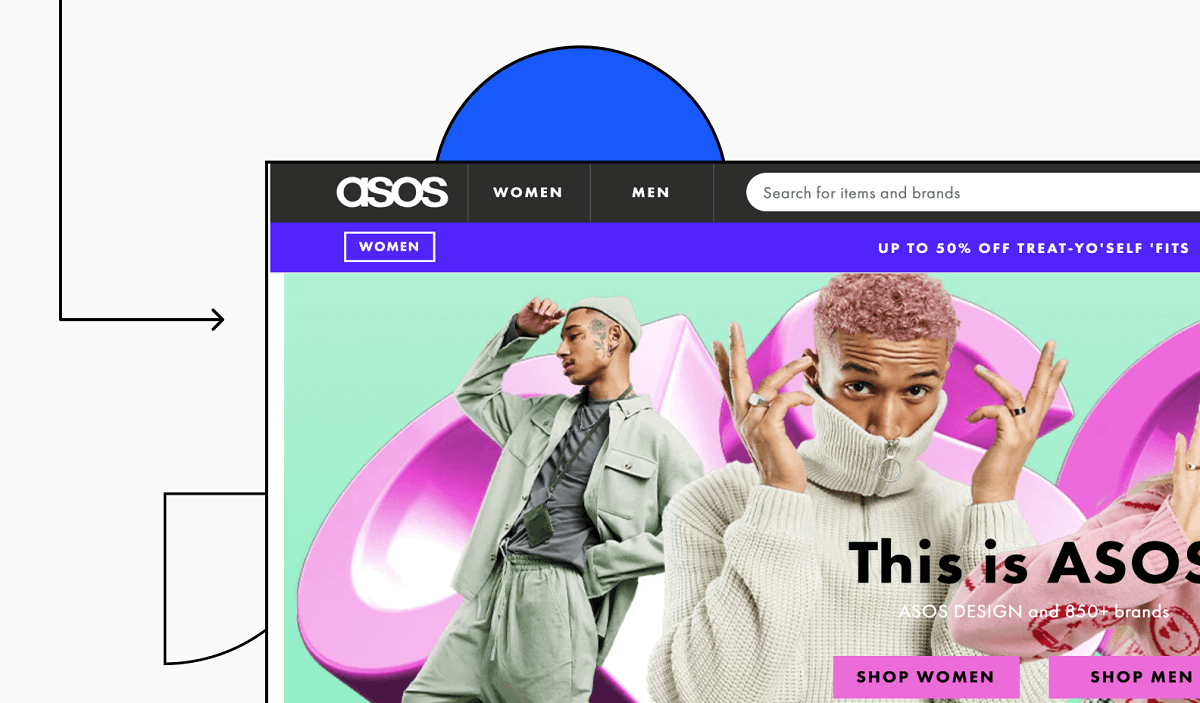 Asos website screen grabs with some design illustrations in background