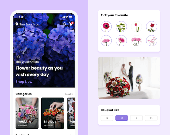 Bridal bouquet app showing dashboard and order screen
