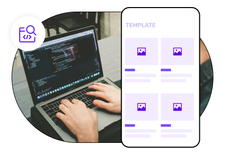 Coding concept demonstrating an app coder working on his laptop screen and an app template screen