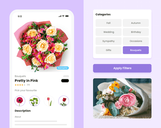 Build a bouquet app showing order screen and customisation options