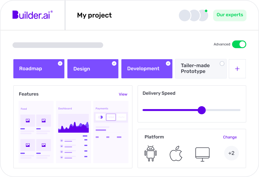 Builder.ai app development platform dashboard with project flow