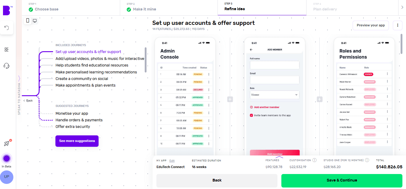 Builder Studio dashboard highlights app customisation screen for EduTech Connect to customise app features