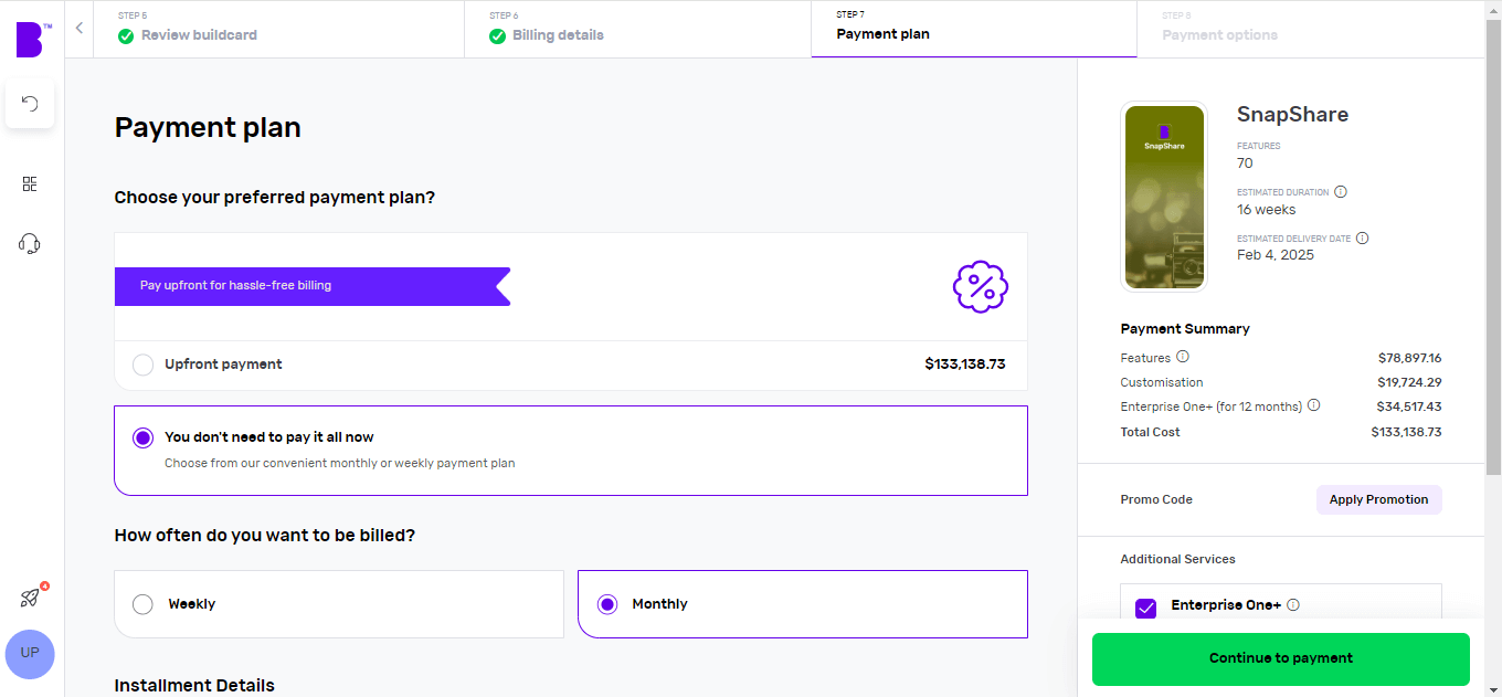 Screenshot of Builder Studio dashboard for app payment planning. The screen shows the project's cost, how often you pay; the details of each payment, the payment summary and other services on the right panel.
